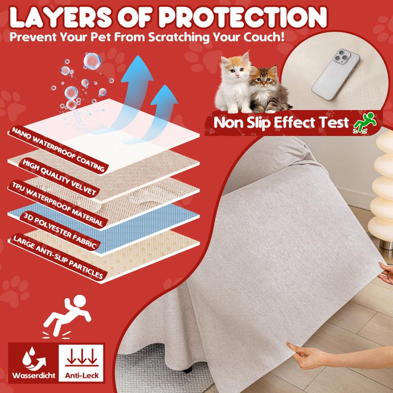 Loiion Cat Scratch Furniture Protector - Anti-Slip  Waterproof Sofa Cover to Keep Cats Off  Pet-Friendly Couch Protectors for 3 Cushion Couch  Khaki Anti-Scratch Couch Cover for Pets and Kids 134""X71"" - Image 4