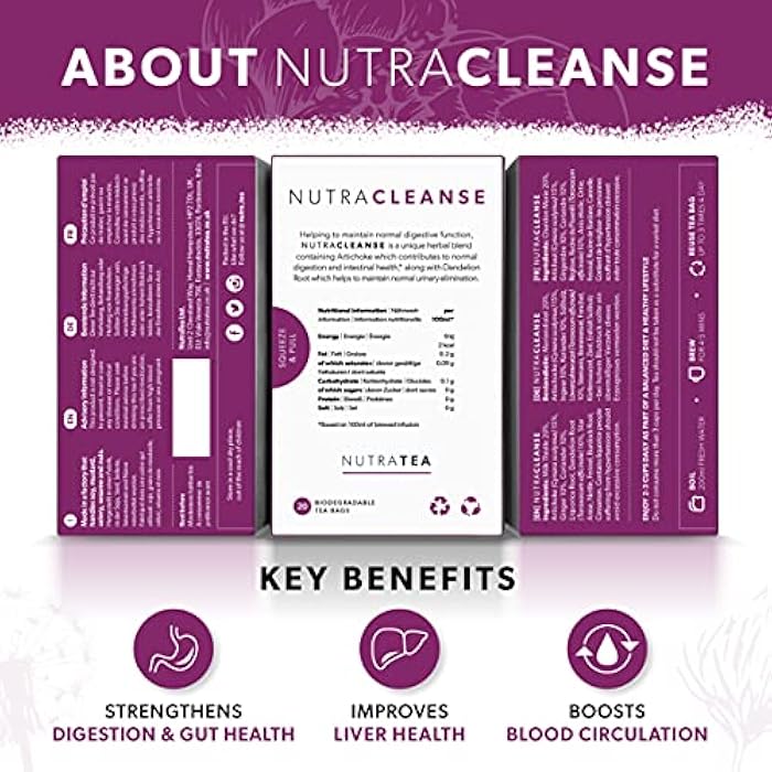 Nutra Tea NUTRACLEANSE - Detox Tea | Colon Cleanse Tea | Constipation Teabags - Full Body Detox Cleanse – Includes Dandelion Root & Burdock Root - 20 Individually Wrapped Bags - Herbal Teas (1 Pack) - Image 2