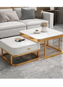 Coffee Table Set of 2 with Drawer, Modern Nesting Square Glass Coffee Table, Simple Center Tables End Table for Living Room, for Living Room, Bedroom, Balcony