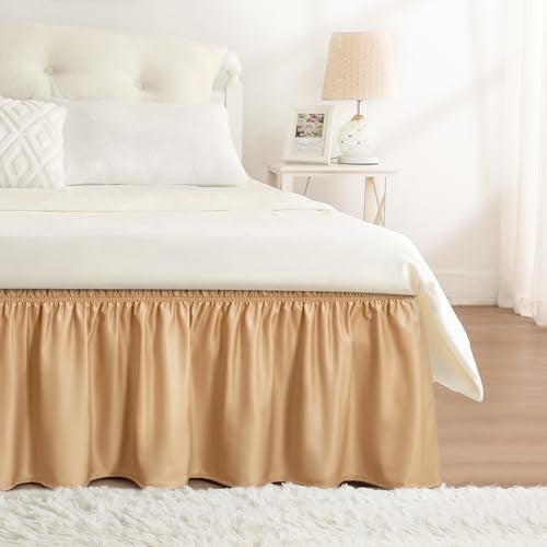 RIMELA Bed Skirt Queen Size Champagne Gold 15 Inch Drop, Wrap Around Elastic Bedskirt, Dust Ruffle for Adjustable Bed Base Soft Durable Fabric Machine Washable Easy to Install Bed Skirts - Image 1