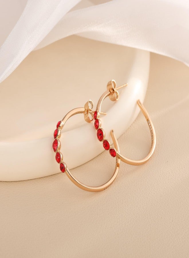 EVEVIC Austrian Crystal Half Hoop Earrings for Women Trendy 14K Rose Gold Plated Large Hoops Earring Jewelry Gift (Red) - Image 3