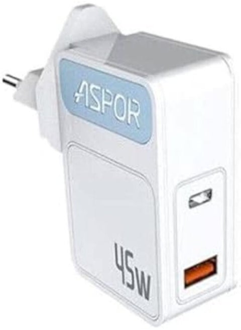 ASPOR A839 45W PD Charger PD+QC Charger EU PIN Type-C to Type-C Cable Support Mobile and Laptop (PD) fast Charging - White