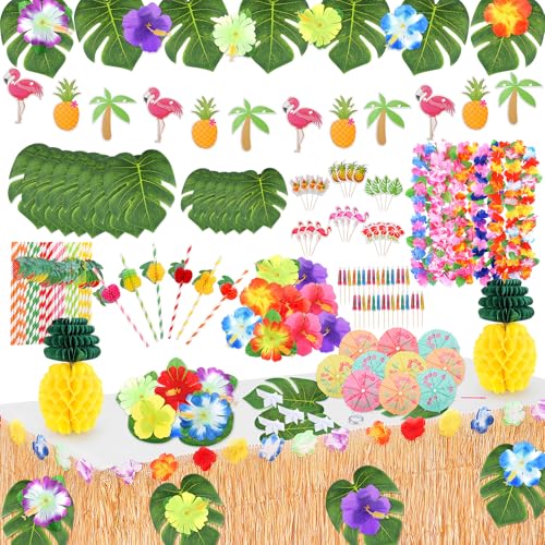 Fighting to Achieve 152PCS Hawaiian Luau Party Decoration Tropical Beach Themed Party Supplies Aloha Party Decorations Hawaiian Leis for Summer Pool Party - Image 1