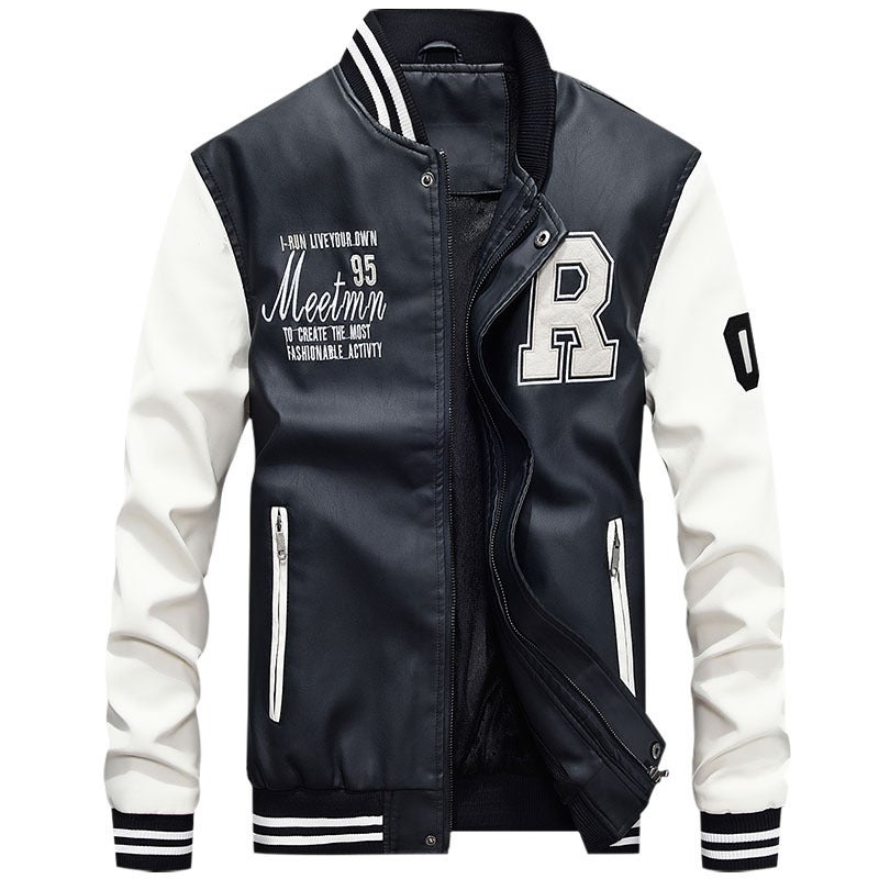 Cross-border wholesale PU leather jacket mens spring and autumn flight suit contrast color leather clothing manufacturers direct a generation of hair White - Image 3