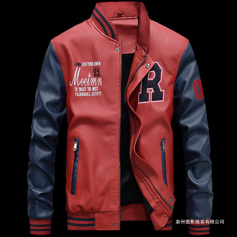 Cross-border wholesale PU leather jacket mens spring and autumn flight suit contrast color leather clothing manufacturers direct a generation of hair White - Image 2