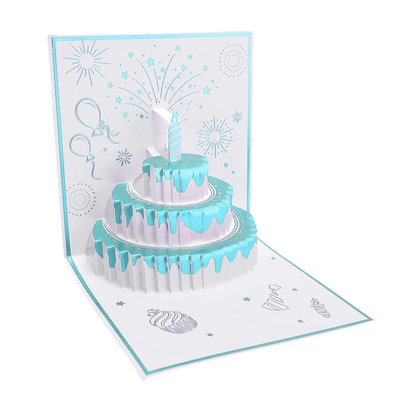 Birthday Card Cake Fireworks Stars Balloons 3D Birthday Greeting Card with Light Music Envelope for DIY Present Blue Green - Image 2