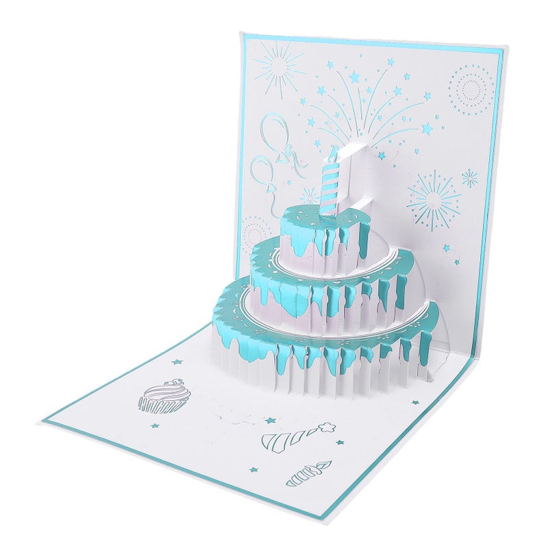 Birthday Card Cake Fireworks Stars Balloons 3D Birthday Greeting Card with Light Music Envelope for DIY Present Blue Green - Image 3