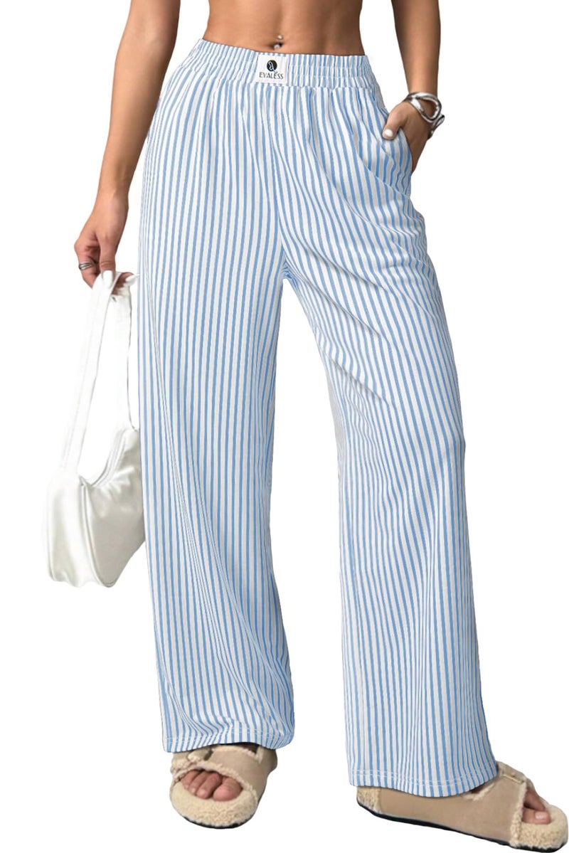 EVALESS Women's Striped Pants Spring Summer 2026 Comfy Pajama Pants High Waist Wide Leg Lounge Pants Patched Y2K Casual Trousers Lightweight PJ Bottoms with Pockets Sky Blue Stripe XX-Large - Image 1