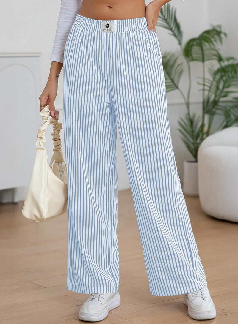 EVALESS Women's Striped Pants Spring Summer 2026 Comfy Pajama Pants High Waist Wide Leg Lounge Pants Patched Y2K Casual Trousers Lightweight PJ Bottoms with Pockets Sky Blue Stripe XX-Large - Image 2