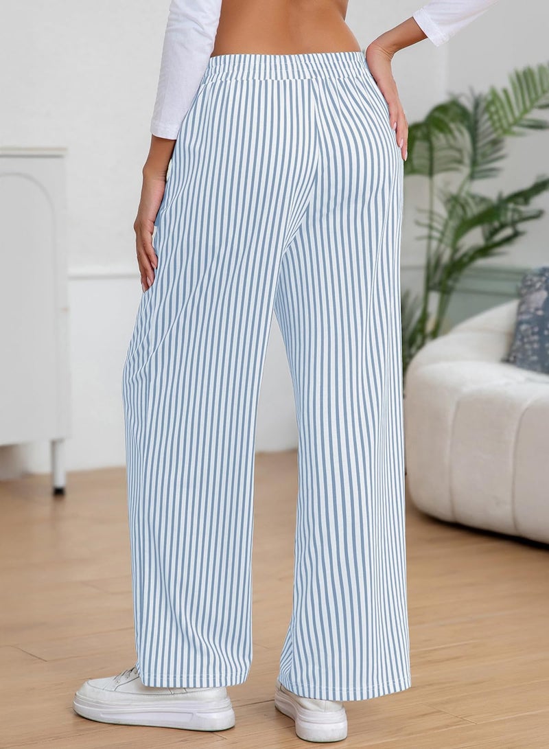 EVALESS Women's Striped Pants Spring Summer 2026 Comfy Pajama Pants High Waist Wide Leg Lounge Pants Patched Y2K Casual Trousers Lightweight PJ Bottoms with Pockets Sky Blue Stripe XX-Large - Image 3