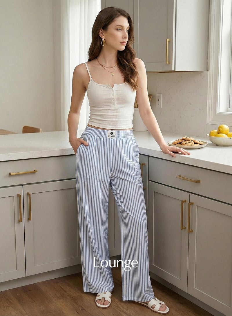 EVALESS Women's Striped Pants Spring Summer 2026 Comfy Pajama Pants High Waist Wide Leg Lounge Pants Patched Y2K Casual Trousers Lightweight PJ Bottoms with Pockets Sky Blue Stripe XX-Large - Image 5
