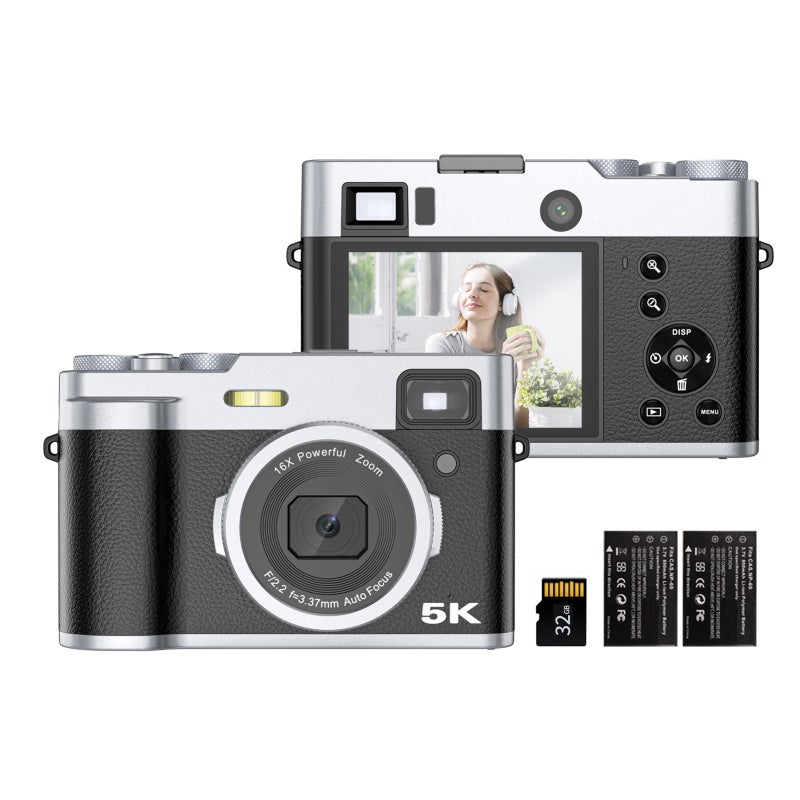 Portable Digital Camera 5K Video Camera 2.8-inch IPS Screen 48MP Dual Lenses 16X Digital Zoom Auto Focus Anti-shaking with 2pcs Batteries 32GB Memory Card - Image 1