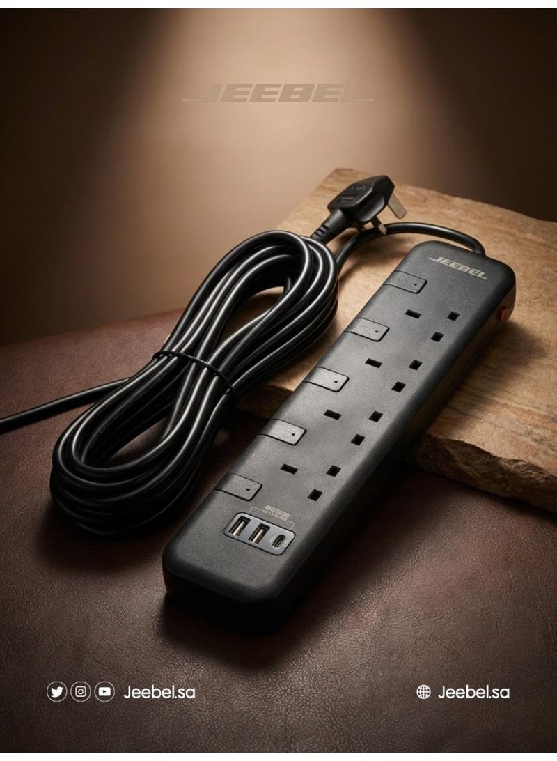 Jeebel SASO-certified power extension with high operating capacity of 2990W, four independent UK outlets with USB and Type-C ports, advanced safety system with overload protection, 3-meter cable - Image 3