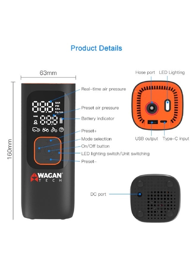 WAGAN 1-160Psi مضخة هواء كهربائية للسيارات باللونين الأسود والبرتقالي 16 × 6.3 × 6.2 سم #2138 - Image 5