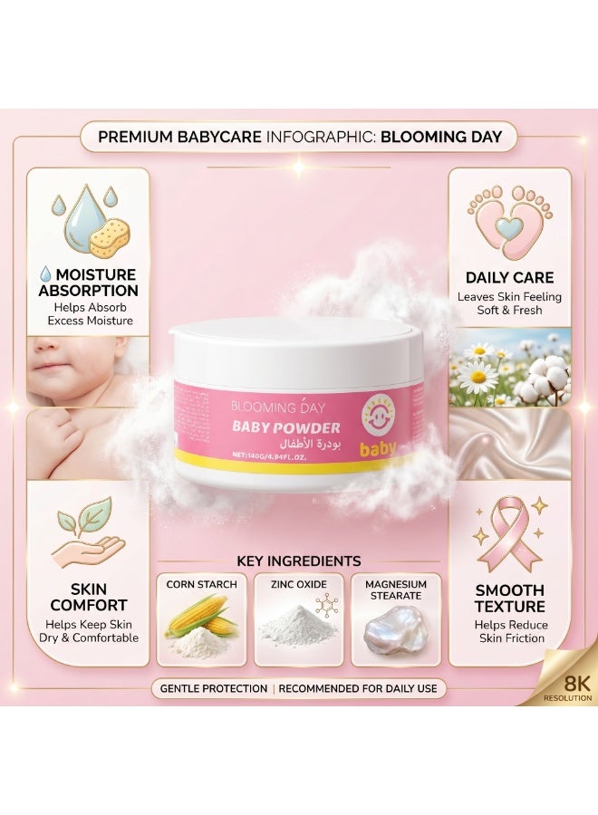 Blooming Day Baby Powder 140g – Talc-Free Baby Body Powder – Super Absorbent, Helps Keep Skin Dry & Comfortable – Fine Smooth Texture for Daily Baby Care - Image 2