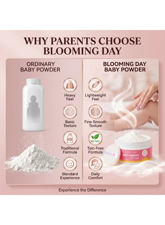 Blooming Day Baby Powder 140g – Talc-Free Baby Body Powder – Super Absorbent, Helps Keep Skin Dry & Comfortable – Fine Smooth Texture for Daily Baby Care - Image 4