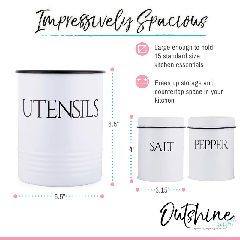 OUTSHINE Large Cooking Utensil Holder for Kitchen Counter | White Kitchen Utensil Holder for Countertop | Farmhouse Kitchen Decor Utensils Holder  Salt and Pepper Shakers | Carbon Steel Utensil Crock - Image 3