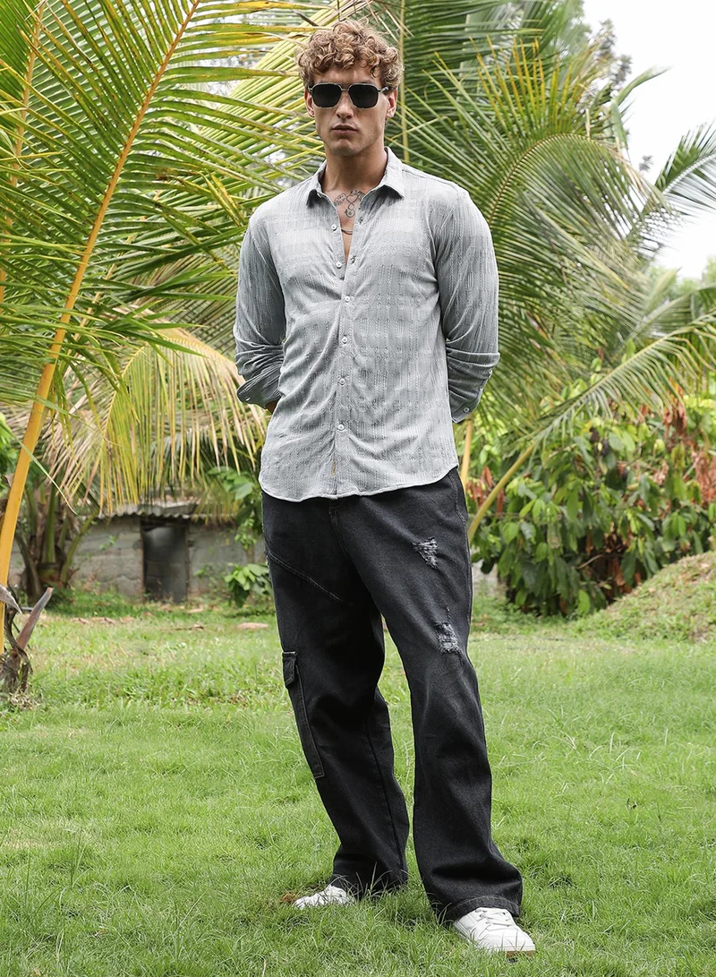 Campus Sutra Campus Sutra Men's Coin Grey Braided-Knot Tactile Shirt For Casual Wear | Spread Collar | Long Cuffed Sleeves | Button Closure | Shirt Crafted With Comfort Fit For Everyday Wear