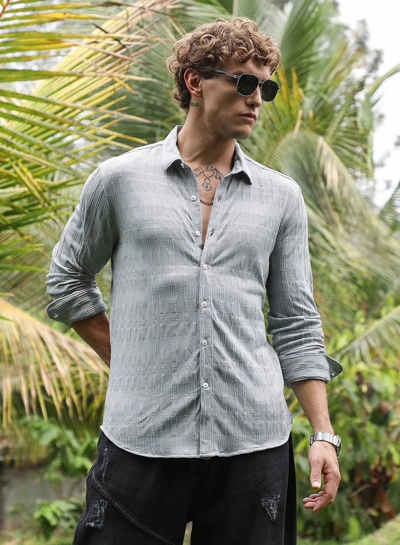Campus Sutra Campus Sutra Men's Coin Grey Braided-Knot Tactile Shirt For Casual Wear | Spread Collar | Long Cuffed Sleeves | Button Closure | Shirt Crafted With Comfort Fit For Everyday Wear