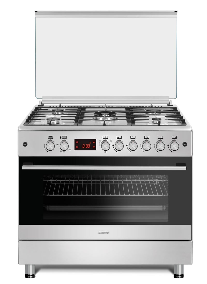 TORNADO Tornado 90 x 60 cm Freestanding Gas Cooker, Sabaf Burners, Turbo Fan, Cooling Fan, Cast Iron Pan Support, Stainless Steel Finish, Warmer Drawer, Reel Close Door, Turkey, 9T10H4S2X11SA 