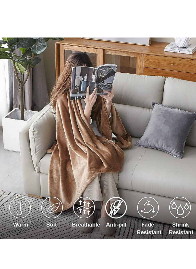 Flannel and Microfiber Sofa Blanket Luxury Camel Blanket Single Size Lightweight and Comfortable for Bed and Sofa Super Soft and Warm Solid Camel Color 220x200 cm