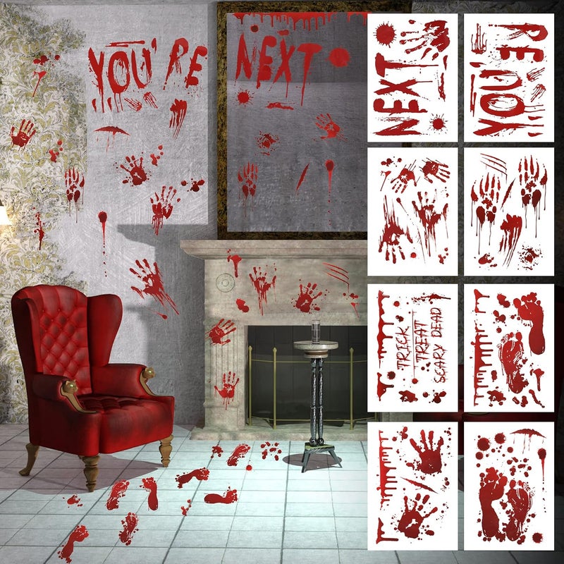 TOMALL 8 Sheets (77pcs) Halloween Stickers Bloody Handprint Footprint Red Blood Stickers for Window Mirror Wall Floor Car Halloween Theme Bleeding Self-Adhesive Creative Decals Decoration - Image 1