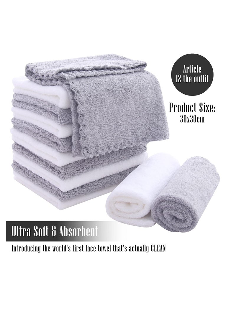 TENSTARS - TENSTARS 12 Pack Premium Washcloths Set - Quick Drying- Soft Microfiber Coral Velvet Highly Absorbent Wash Clothes - Multipurpose Use as Bath, Spa, Facial, Fingertip Towel (Grey and White) - Image 1
