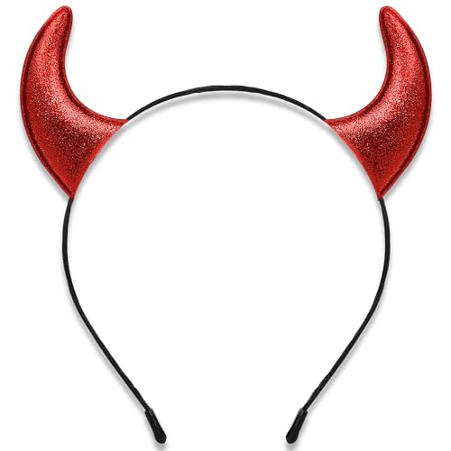 Parma77 Glitter Devil Horns Headband Red Devil Horns Devil Costume for Women Men Girls Halloween Fancy Dress Cosplay Hairband Red - Image 1