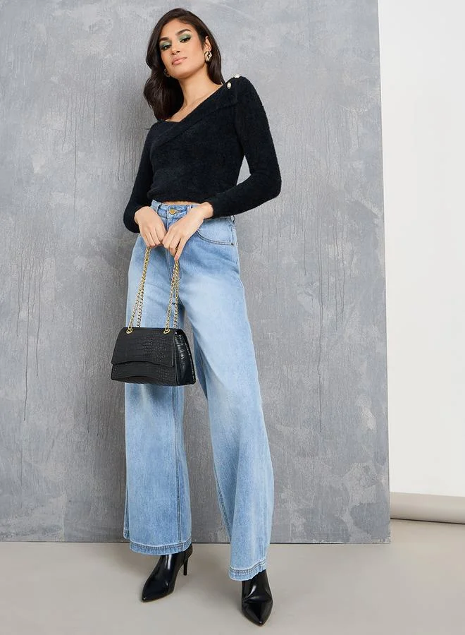 Take Two Faux Fur V Neck Button Detail Crop Top