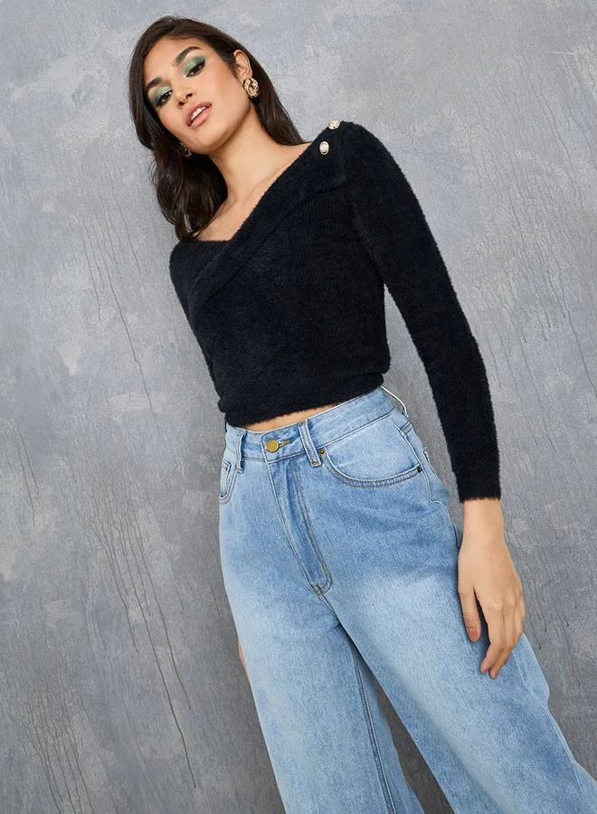 Take Two Faux Fur V Neck Button Detail Crop Top
