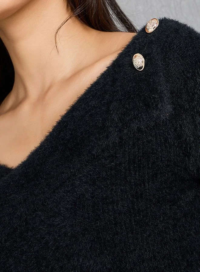 Take Two Faux Fur V Neck Button Detail Crop Top