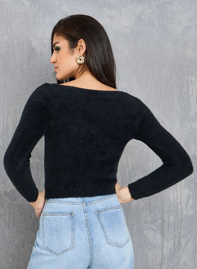 Take Two Faux Fur V Neck Button Detail Crop Top