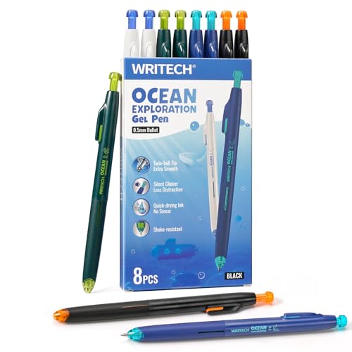 WRITECH Retractable Gel Ink Pens: 8ct Black Ink 0.5mm Fine Point Tip Click Pen for Smooth Writing Journaling Note Taking Sketching No Smudge & Smear - Image 1