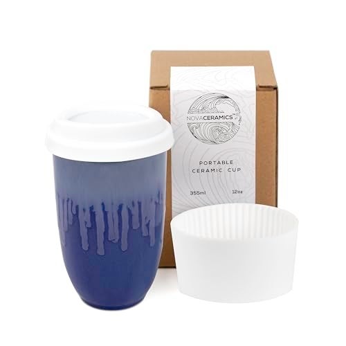 NOVA CERAMICS Ceramic Tumbler– Blue Ceramic Mug – Microwave & Dishwasher Safe Coffee White & Orange Tumbler - Leak-Proof Coffee Travel Mug – 12oz – Neptune - Image 1