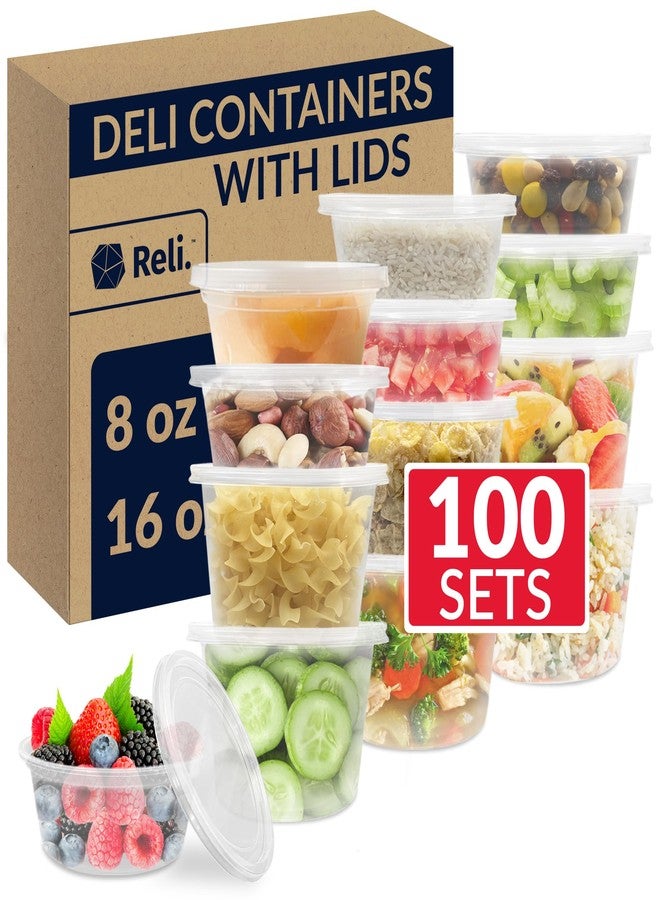 Reli. Deli Containers with Lids (100 Sets Total) | Variety Pack - 8oz (50 pc), 16oz (50 pc) w/Lids | Plastic Soup Container with Lid | Clear Food Storage | Microwave & Freezer Safe - Image 1