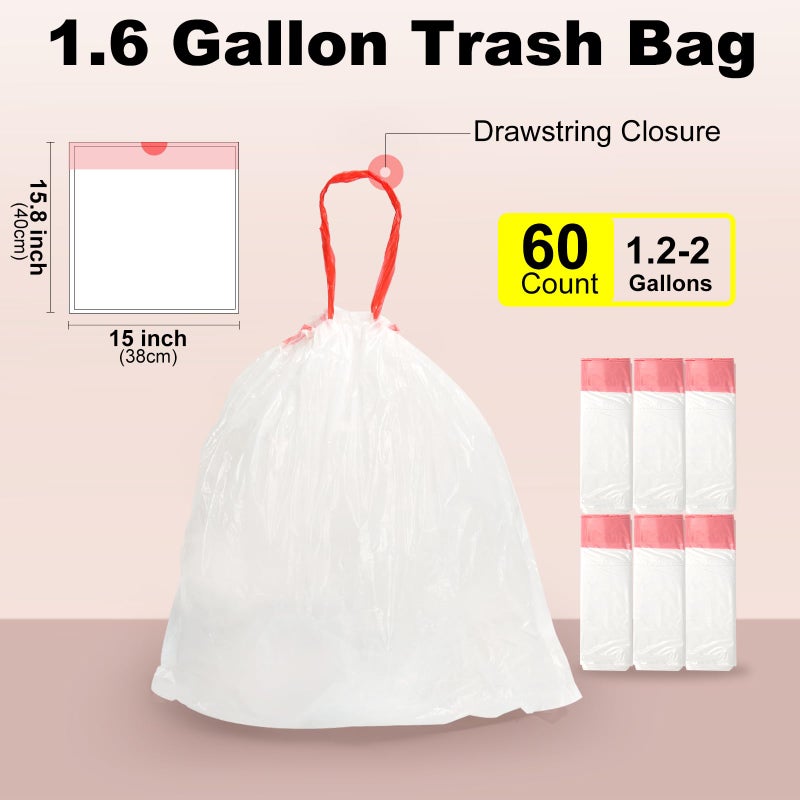 ELPHECO 1.6 Gallon Small Trash Bags 60 Count - For 1.2-2 Gallon Trash Cans, 4.5-8L Drawstring Garbage Bags, Strong Bathroom Trash Bags, Clear Tear free Garbage Bags, 60 Count / 6 Rolls - Image 2