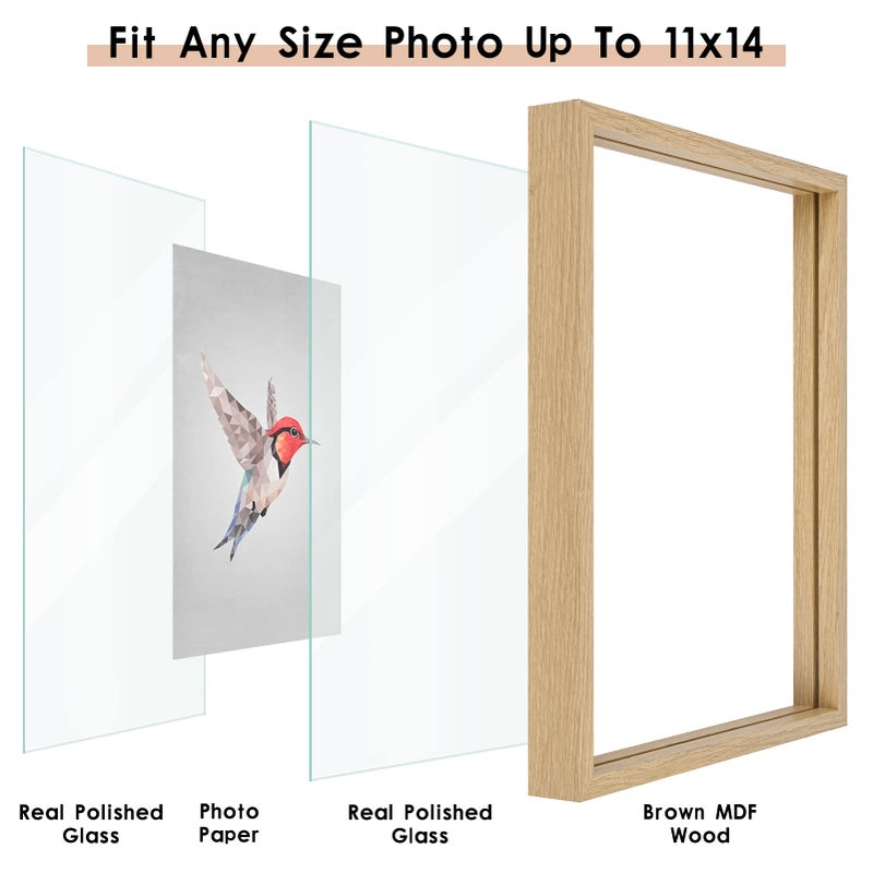 MUYE 11x14 Floating Frame Set of 2,Double Glass Rustic Frame,Display Any Size Photo up to 11x14,Wall Mount or Tabletop Standing,Natural - Image 5