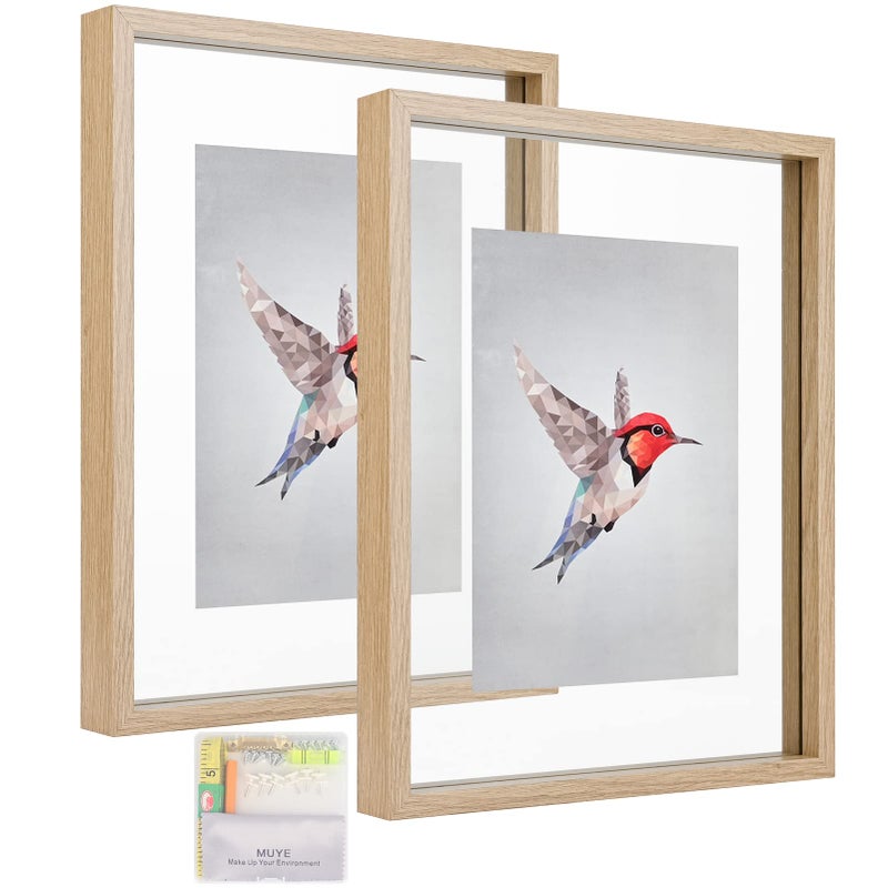 MUYE 11x14 Floating Frame Set of 2,Double Glass Rustic Frame,Display Any Size Photo up to 11x14,Wall Mount or Tabletop Standing,Natural - Image 1