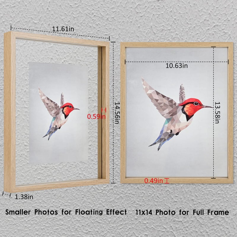 MUYE 11x14 Floating Frame Set of 2,Double Glass Rustic Frame,Display Any Size Photo up to 11x14,Wall Mount or Tabletop Standing,Natural - Image 2