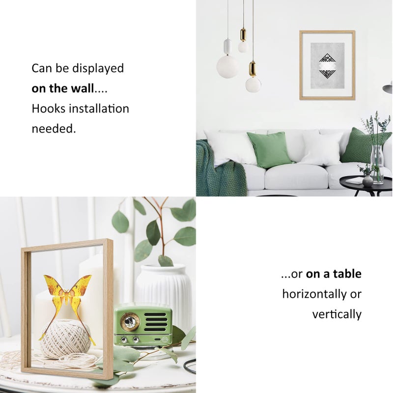 MUYE 11x14 Floating Frame Set of 2,Double Glass Rustic Frame,Display Any Size Photo up to 11x14,Wall Mount or Tabletop Standing,Natural - Image 3