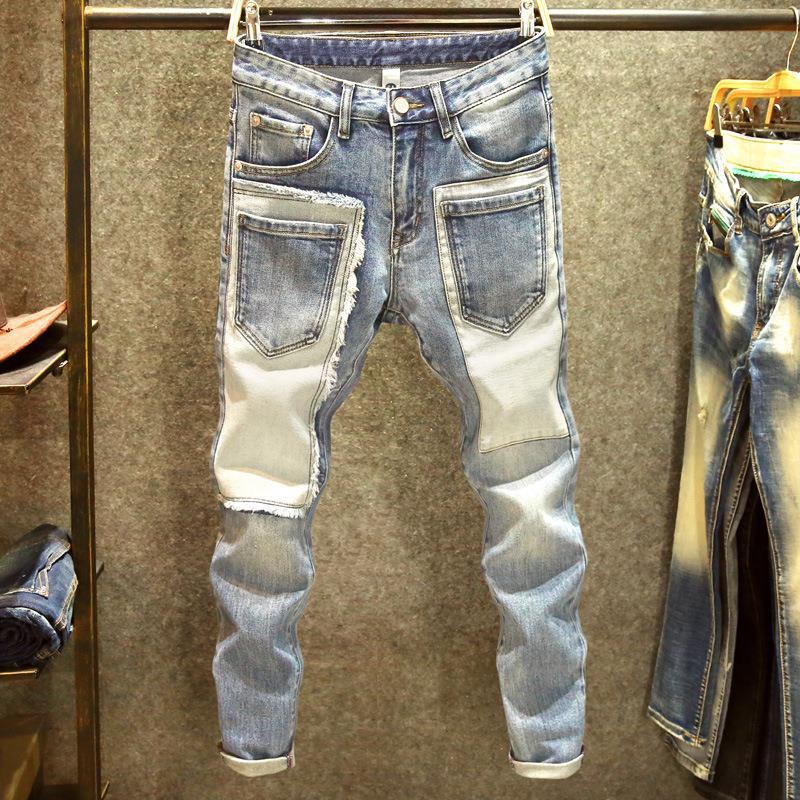 Autumn Winter Trendy Patched Slim Fit Mens Jeans light blue 6655 Pants 