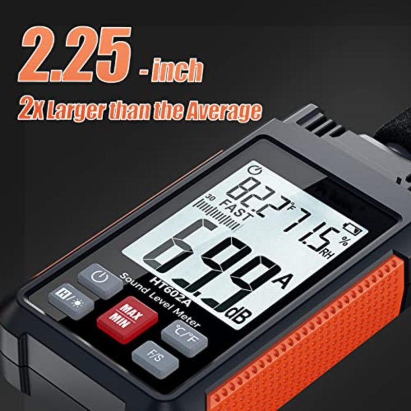 Sound Level Meter, 30-130dBA 30Hz-8KHz Decibel Meter with Large LCD Screen, Temperature and Humidity Measuring, A Weighting Mode, MAX/MIN, Fast/Slow, Data Hold, Backlight, Auto-Off Functions - Image 5