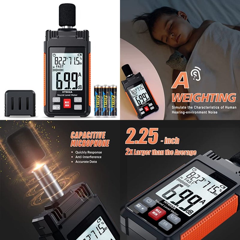 Sound Level Meter, 30-130dBA 30Hz-8KHz Decibel Meter with Large LCD Screen, Temperature and Humidity Measuring, A Weighting Mode, MAX/MIN, Fast/Slow, Data Hold, Backlight, Auto-Off Functions - Image 1