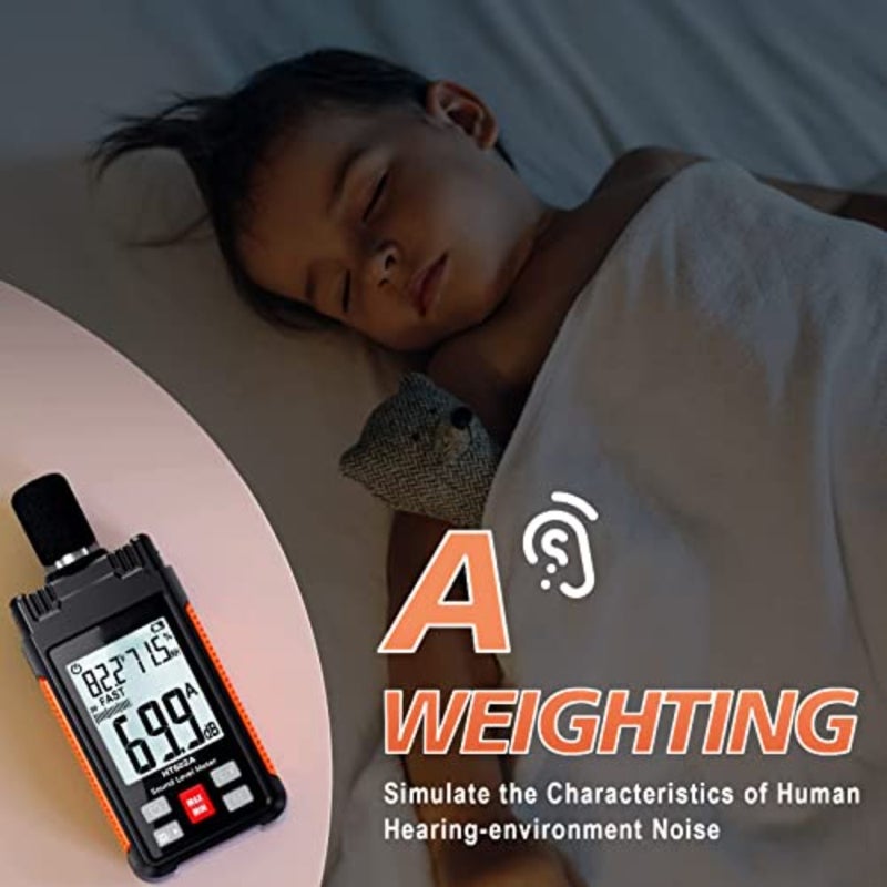 Sound Level Meter, 30-130dBA 30Hz-8KHz Decibel Meter with Large LCD Screen, Temperature and Humidity Measuring, A Weighting Mode, MAX/MIN, Fast/Slow, Data Hold, Backlight, Auto-Off Functions - Image 3