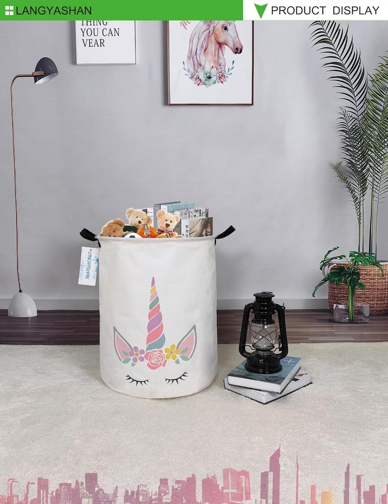 LANGYASHAN Laundry Basket Canvas Fabric Collapsible Organizer Basket for Storage Bin Toy Bins Gift Baskets Bedroom Clothes Children Nursery Hamper (Round Pink Unicorn) - Image 3