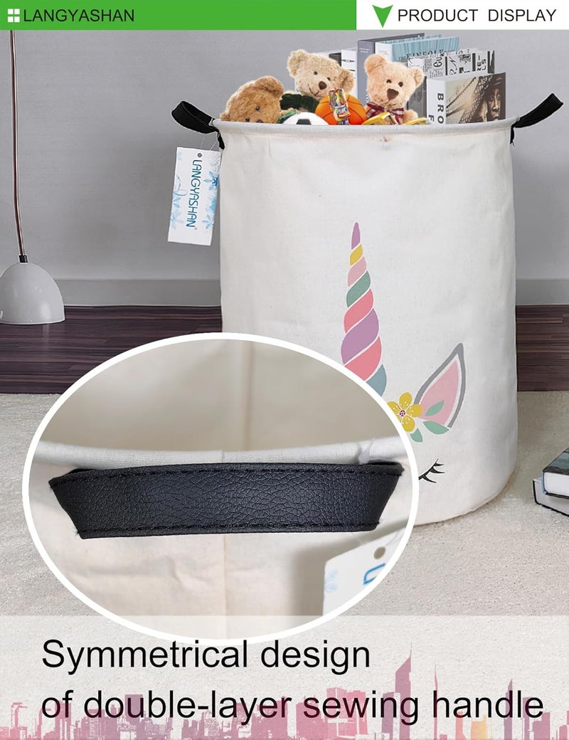 LANGYASHAN Laundry Basket Canvas Fabric Collapsible Organizer Basket for Storage Bin Toy Bins Gift Baskets Bedroom Clothes Children Nursery Hamper (Round Pink Unicorn) - Image 4