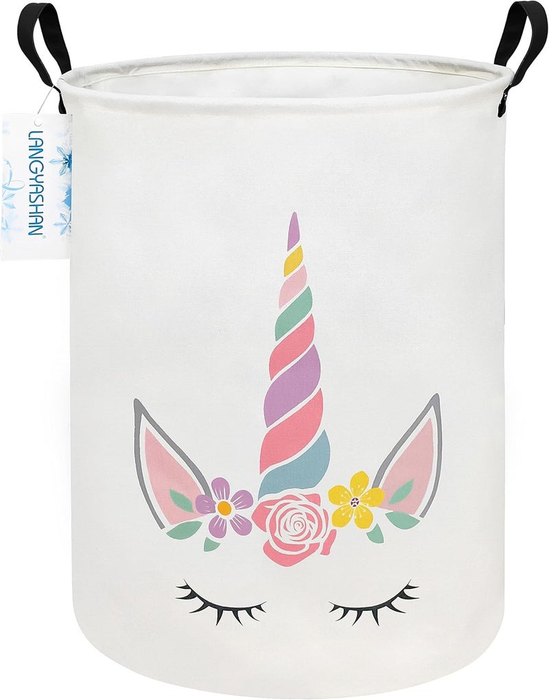 LANGYASHAN Laundry Basket Canvas Fabric Collapsible Organizer Basket for Storage Bin Toy Bins Gift Baskets Bedroom Clothes Children Nursery Hamper (Round Pink Unicorn) - Image 1