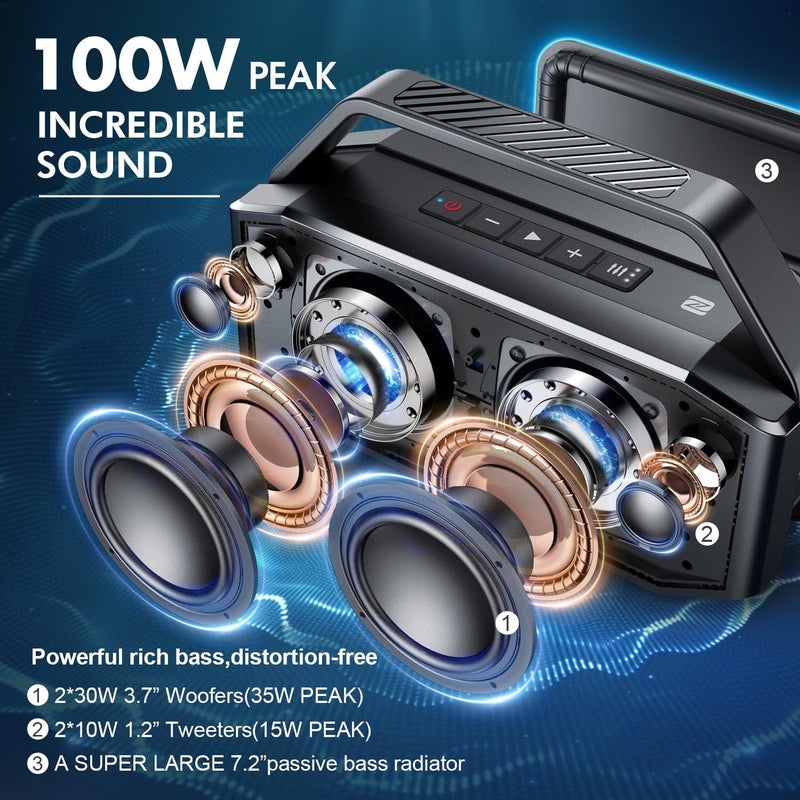 W-KING Portable Loud Bluetooth Speaker, 100W Max Waterproof Outdoor Speakers Bluetooth Wireless, IPX6 Party Big Large Speaker Boombox 2 Subwoofer-60W Exlarge Deep Bass Radiator/2 Pairing/40H/TF/AUX/EQ - Image 2