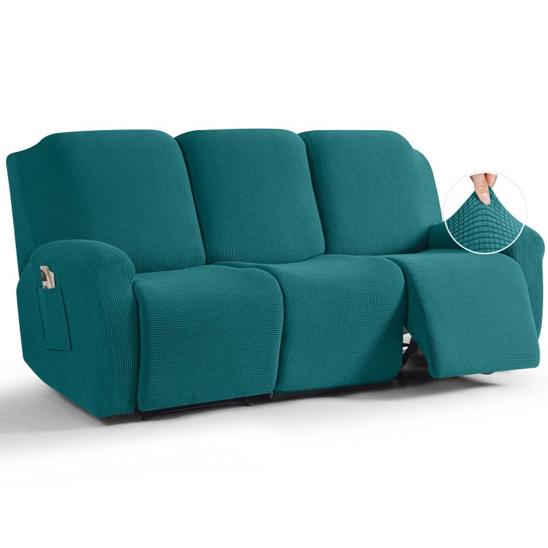 TAOCOCO Recliner Sofa Covers 8Pieces Stretch Large Couch Covers for 3 Seats Reclining Slipcovers Soft Jacquard Pattern Furniture Protector Peacock Blue