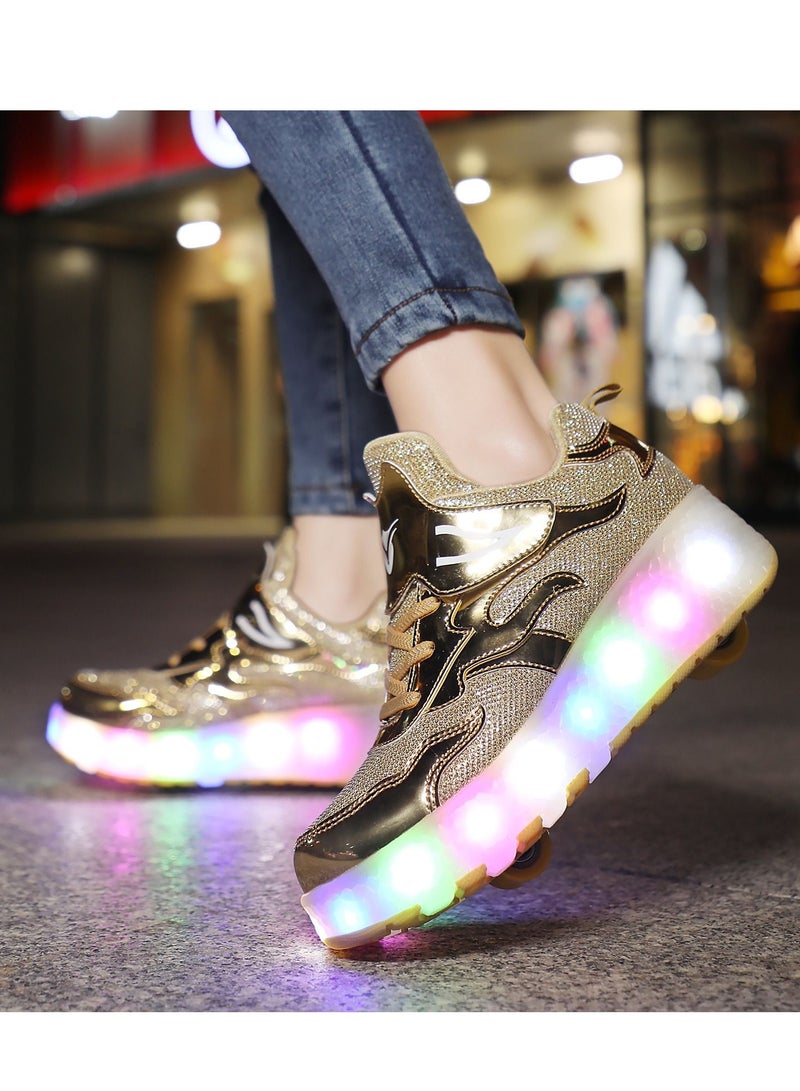 Loquat Rage Shoes For Boys And Girls Single And Double Wheel LED Flashing Lights Automatic Invisible Roller Skates Gold  - Image 3